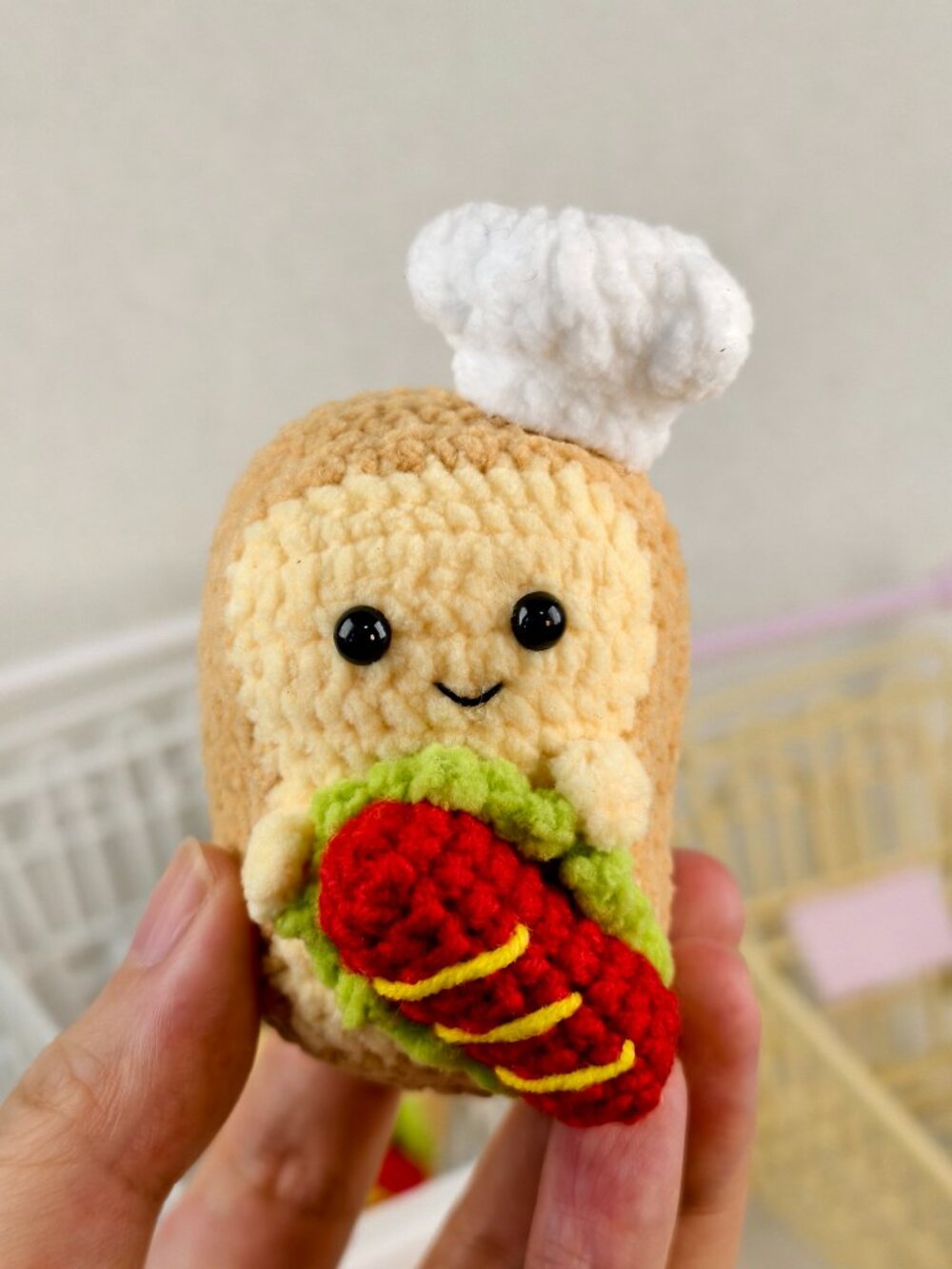Handmade Amigurumi Crochet Bread Hold a Sausage Plushie